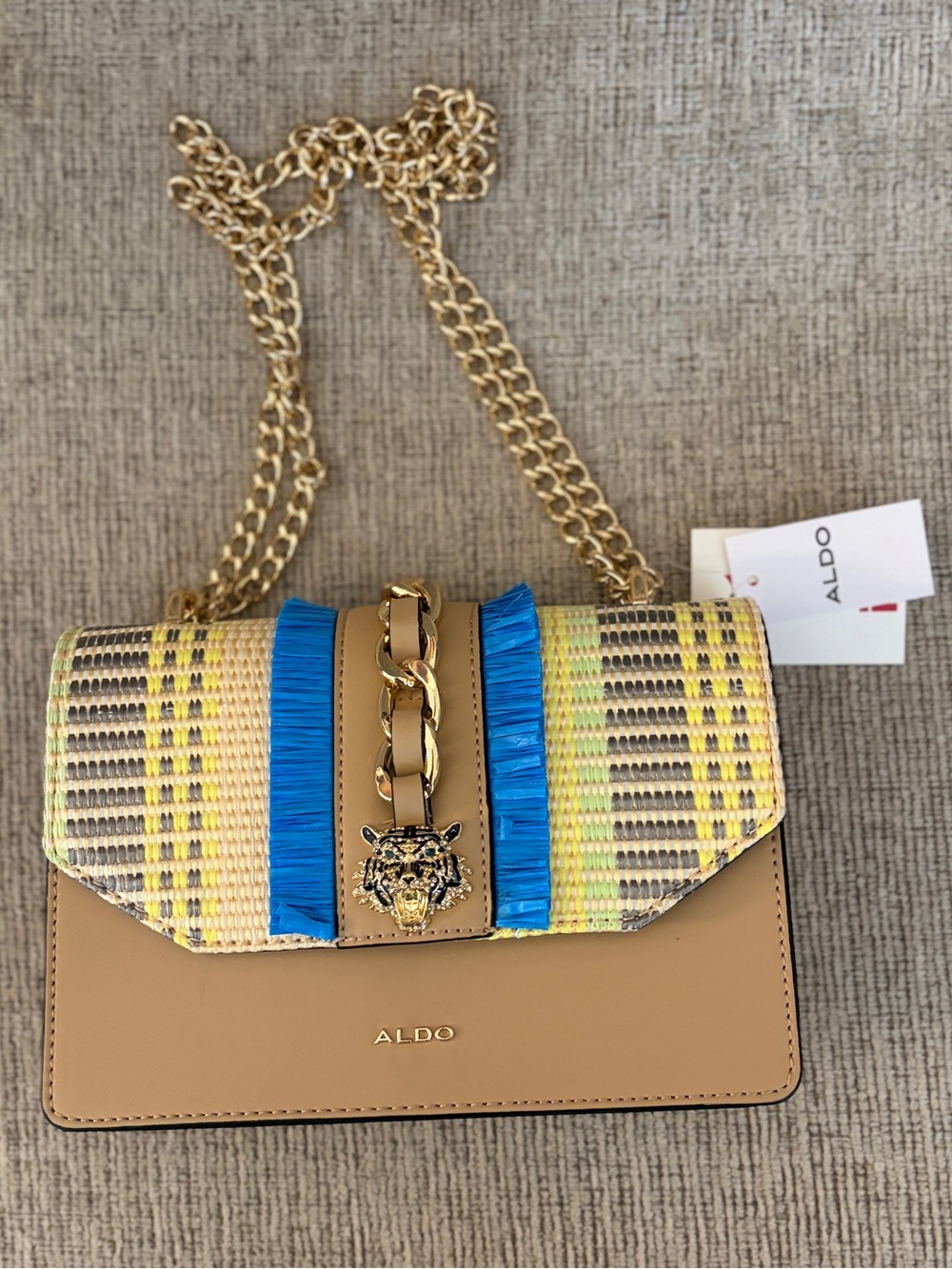 ALDO Tan Raffia Shoulder Bag with Blue Fringe and Gold Chain